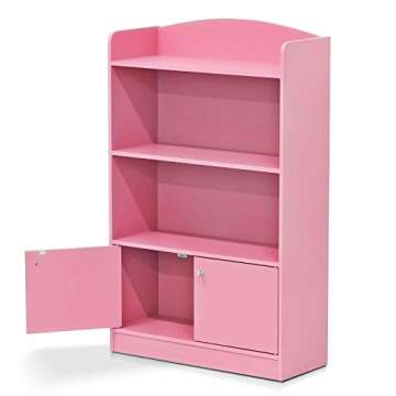 Furinno Lova Bookshelf with Storage Cabinet, 2-Shelf with Doors, Pink