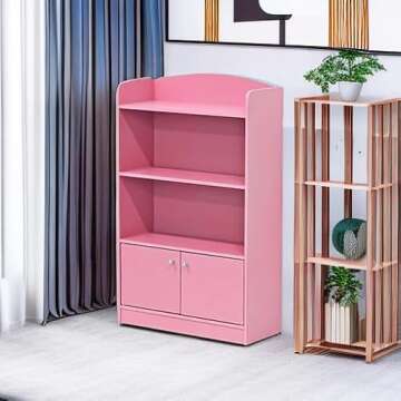 Furinno Lova Bookshelf with Storage Cabinet, 2-Shelf with Doors, Pink