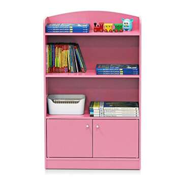 Furinno Lova Bookshelf with Storage Cabinet, 2-Shelf with Doors, Pink