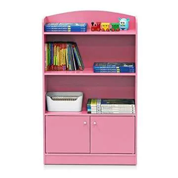 Furinno Lova Bookshelf with Storage Cabinet, 2-Shelf with Doors, Pink