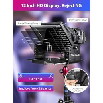MOMAN MT12 Teleprompter Kit - 12" Reflective Glass for Tablets and Smartphones