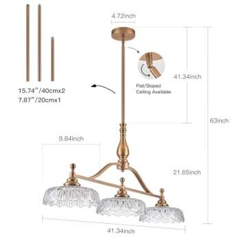 HDDFL Chandeliers Light Pendant Light Fixture Vintage Pendant Lighting Fixtures 3 Lights Chandelier Matte Brass Hanging Light Kitchen Glass Pendant Lights for Island Dining Room Living Room