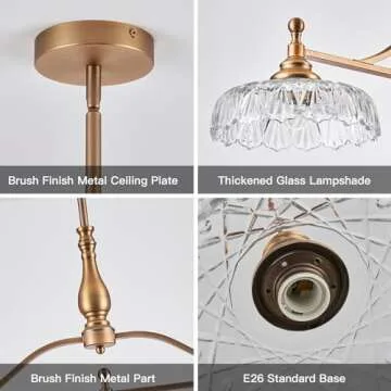 HDDFL Chandeliers Light Pendant Light Fixture Vintage Pendant Lighting Fixtures 3 Lights Chandelier Matte Brass Hanging Light Kitchen Glass Pendant Lights for Island Dining Room Living Room
