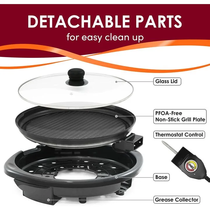 Smokeless Indoor Electric BBQ Grill with Glass Lid