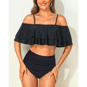 Tempt Me Women Black Two Piece High Waisted Bikini Set Swimsuit Off Shoulder Ruffle Bathing Suits Tu...