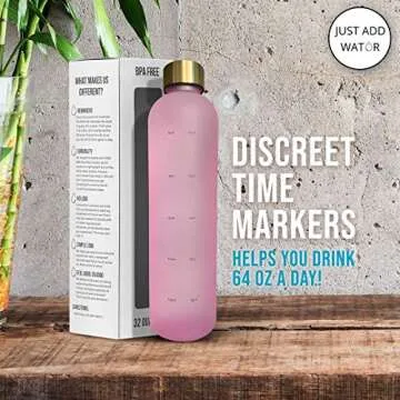 JUST ADD WATUR Motivational Water Bottle with Time Marker Reminder, BPA Free Frosted Tritan Plastic, Leakproof and Drop Resistant, 1 Liter 32 Oz (Pink)