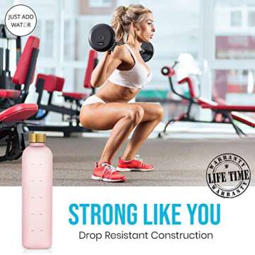 JUST ADD WATUR Motivational Water Bottle with Time Marker Reminder, BPA Free Frosted Tritan Plastic, Leakproof and Drop Resistant, 1 Liter 32 Oz (Pink)