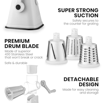 Zulay Kitchen Rotary Cheese Grater - Hand Crank & Suction Base