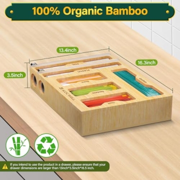 KOCWELL Bamboo Bag Organizer with Cutter - 6 In 1 Kitchen Solution