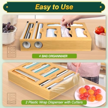 KOCWELL Bamboo Bag Organizer with Cutter - 6 In 1 Kitchen Solution