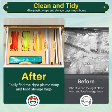 KOCWELL Bamboo Bag Organizer with Cutter - 6 In 1 Kitchen Solution