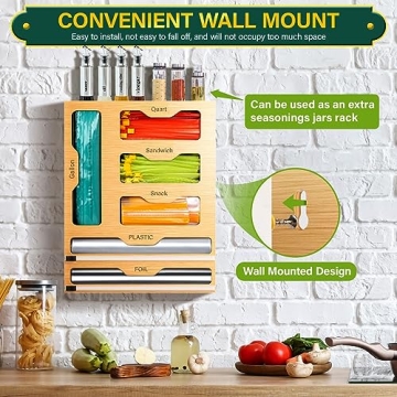KOCWELL Bamboo Bag Organizer with Cutter - 6 In 1 Kitchen Solution