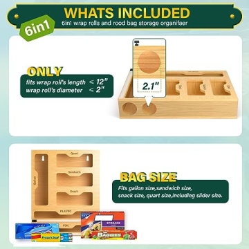 KOCWELL Bamboo Bag Organizer with Cutter - 6 In 1 Kitchen Solution