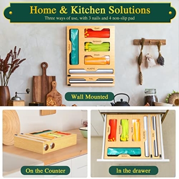 KOCWELL Bamboo Bag Organizer with Cutter - 6 In 1 Kitchen Solution