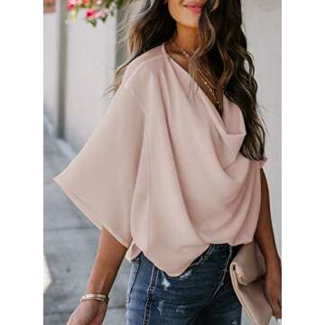 HOTAPEI Womens Blouses and Tops for Work Fashion Casual Summer Short Sleeve Wrap V Neck Draped Front Office Blouses Loose Fit Tops Shirts Apricot