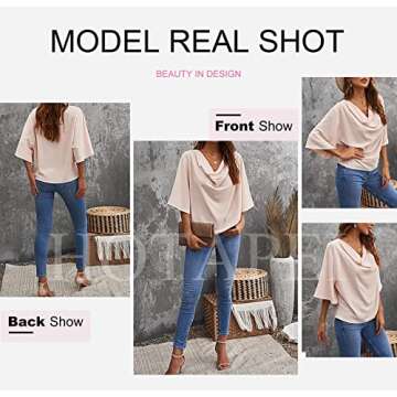 HOTAPEI Womens Blouses and Tops for Work Fashion Casual Summer Short Sleeve Wrap V Neck Draped Front Office Blouses Loose Fit Tops Shirts Apricot