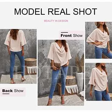 HOTAPEI Womens Blouses and Tops for Work Fashion Casual Summer Short Sleeve Wrap V Neck Draped Front Office Blouses Loose Fit Tops Shirts Apricot