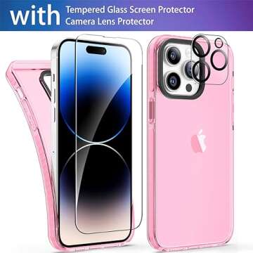 ROYBENS Case for iPhone 15 Pro, Clear Phone Case with Glass Screen Protector + Camera Lens Protector Accessories for Women Girls, Cute Silicone Slim Thin Protective Cover for 15 Pro 6.1-Inch, Pink