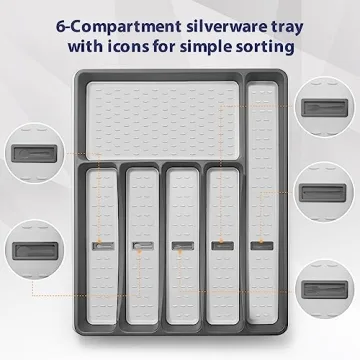 Silverware Organizer with Cutlery Icons - 6 Compartment