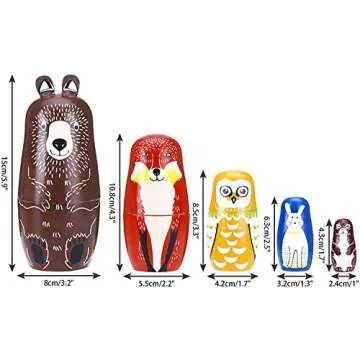 Conzy Russian Nesting Dolls for Kids, Stacking Wooden Handmade Matryoshka Dolls, 5 Piece Cute Cartoo...