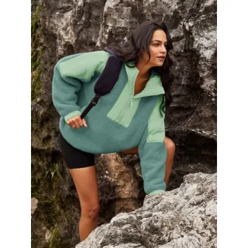 Panadila Womens Half Zip Pullover with Pockets Sherpa Hoodie Oversized Hooded Sweatshirt Warm Fleece Jackets(Sage,XL)