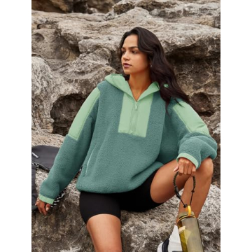 Panadila Womens Half Zip Pullover with Pockets Sherpa Hoodie Oversized Hooded Sweatshirt Warm Fleece Jackets(Sage,XL)