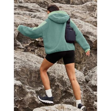 Panadila Womens Half Zip Pullover with Pockets Sherpa Hoodie Oversized Hooded Sweatshirt Warm Fleece Jackets(Sage,XL)