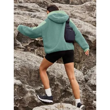 Panadila Womens Half Zip Pullover with Pockets Sherpa Hoodie Oversized Hooded Sweatshirt Warm Fleece Jackets(Sage,XL)