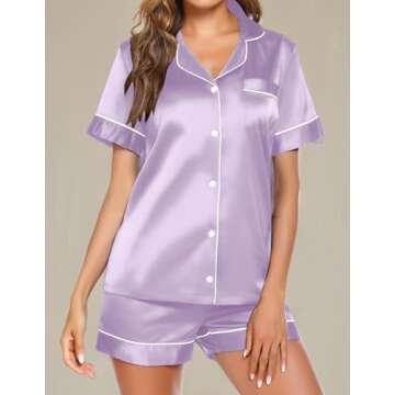 Ekouaer Satin Pajamas for Women Button Down Sleepwear Soft Silk Loungewear Short Sleeve Top and Shorts Pjs Lilac,X-Large