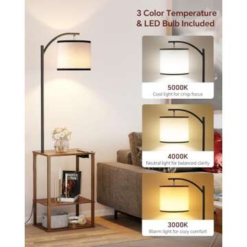 SUNMORY Floor Lamp with Table, End Table with Lamp, Shelves, Charging Station(USB & AC Port), 3-Colo...