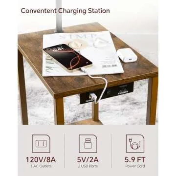 SUNMORY Floor Lamp with Table, End Table with Lamp, Shelves, Charging Station(USB & AC Port), 3-Color Temperature LED Bulb, Side Table Lamps for Living Room, Bedroom, Office, Rustic Brown