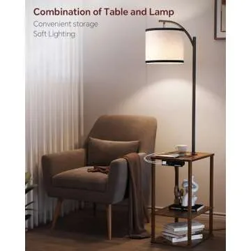 SUNMORY Floor Lamp with Table, End Table with Lamp, Shelves, Charging Station(USB & AC Port), 3-Color Temperature LED Bulb, Side Table Lamps for Living Room, Bedroom, Office, Rustic Brown