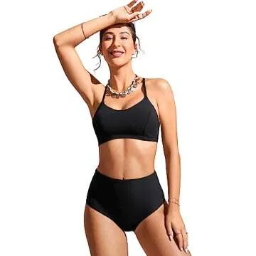 CRZ YOGA Women's Bikini Top Lace Up V Neck Swimsuits Crisscross Bathing Suit Swim Sports Bra Padded Black Medium