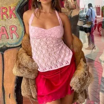 Pivanzore Women's Y2K Lace Cami Tank Top Sexy Mesh See Through Spaghetti Strap Crop Camisole Backless Bustier Going Out Tops (Ins Pink, S)