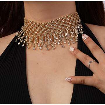 Missgrace Boho Women Dainty Chunky Short Rhinestones Prom Tassel Choker Necklaces for Women Luxuriou...