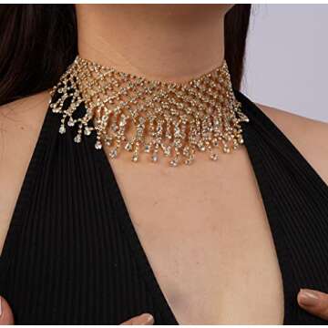 Missgrace Boho Women Dainty Chunky Short Rhinestones Prom Tassel Choker Necklaces for Women Luxurious Bar Party Choker Necklace for Women (Gold)