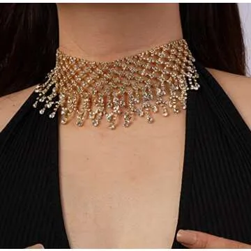 Missgrace Boho Women Dainty Chunky Short Rhinestones Prom Tassel Choker Necklaces for Women Luxurious Bar Party Choker Necklace for Women (Gold)