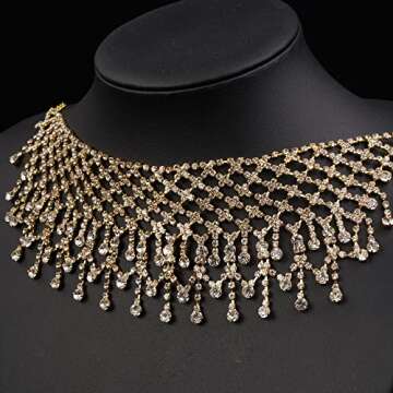 Missgrace Boho Women Dainty Chunky Short Rhinestones Prom Tassel Choker Necklaces for Women Luxurious Bar Party Choker Necklace for Women (Gold)