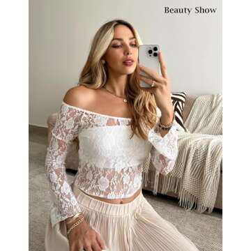 Avidlove White Lace Top Off The Shoulder Tops for Women Y2k Mesh Long Sleeve Crop Tops Sexy(White,S)