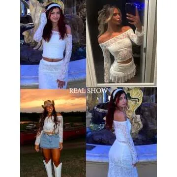 Avidlove White Lace Top Off The Shoulder Tops for Women Y2k Mesh Long Sleeve Crop Tops Sexy(White,S)