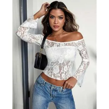 Avidlove White Lace Top Off The Shoulder Tops for Women Y2k Mesh Long Sleeve Crop Tops Sexy(White,S)