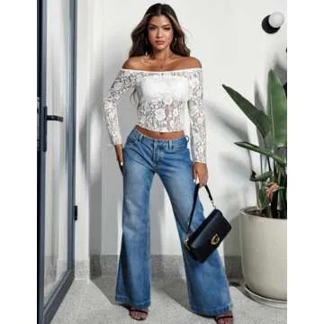 Avidlove White Lace Top Off The Shoulder Tops for Women Y2k Mesh Long Sleeve Crop Tops Sexy(White,S)