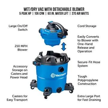 Vacmaster VBV1210, 12-Gallon* 5 Peak HP** Wet/Dry Shop Vacuum with Detachable Blower, Blue