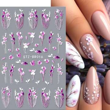 4 Sheet Flower Nail Stickers for Nail Art Stickers Flowers Wisteria Flower Nail Decals Purple Blossoms Petal Sticker Nails Spring Summer Floral Nail Sticker Nail Design Nail Decor Nail Accessories