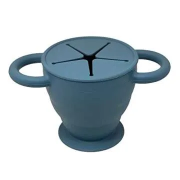 BraveJusticeKidsCo | Snack Attack II Snack Cup | Collapsible Silicone Snack Container | Toddler and Baby Snack Catcher Lid (Blue Steel)