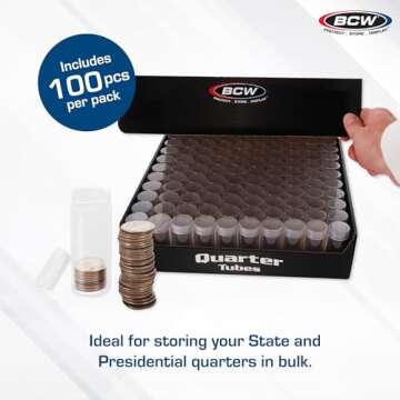 BCW Quarter Coin Storage Tubes - 100 ct | Archival Quality Plastic Coin Holders, Screw-On Caps | Lon...