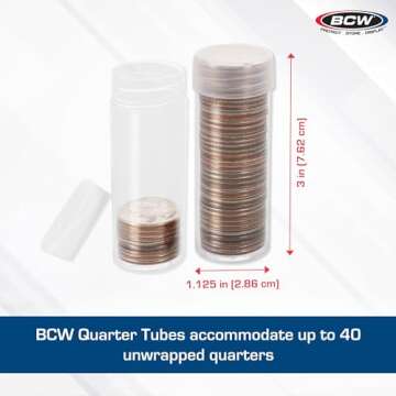BCW Quarter Coin Storage Tubes - 100 ct | Archival Quality Plastic Coin Holders, Screw-On Caps | Long-Term Coin Storage