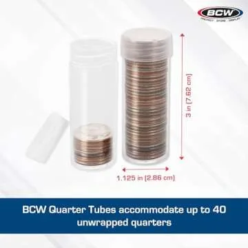 BCW Quarter Coin Storage Tubes - 100 ct | Archival Quality Plastic Coin Holders, Screw-On Caps | Long-Term Coin Storage