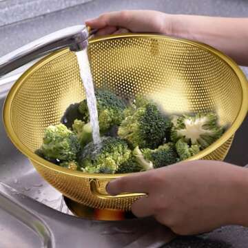 Bokon 3 Pcs Stainless Steel Colander Set Colander Bowl and Sieves 1/3/5 Quart Metal Mesh Strainer Net Basket with Handles Food Spaghetti Strainer for Kitchen Draining Pasta Rinsing(Gold)