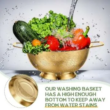 Bokon 3 Pcs Stainless Steel Colander Set Colander Bowl and Sieves 1/3/5 Quart Metal Mesh Strainer Net Basket with Handles Food Spaghetti Strainer for Kitchen Draining Pasta Rinsing(Gold)